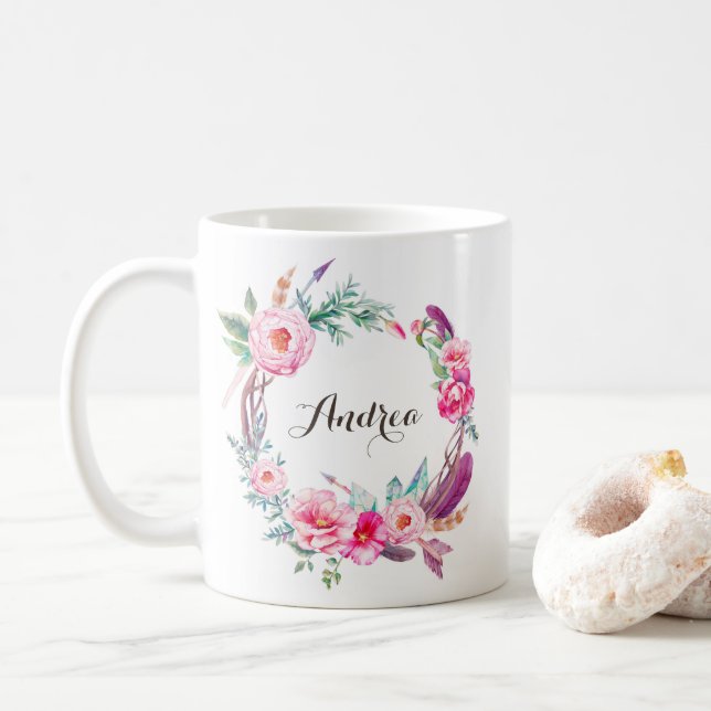 Boho Watercolor Pink Peonies Floral Wreath Coffee Mug (With Donut)