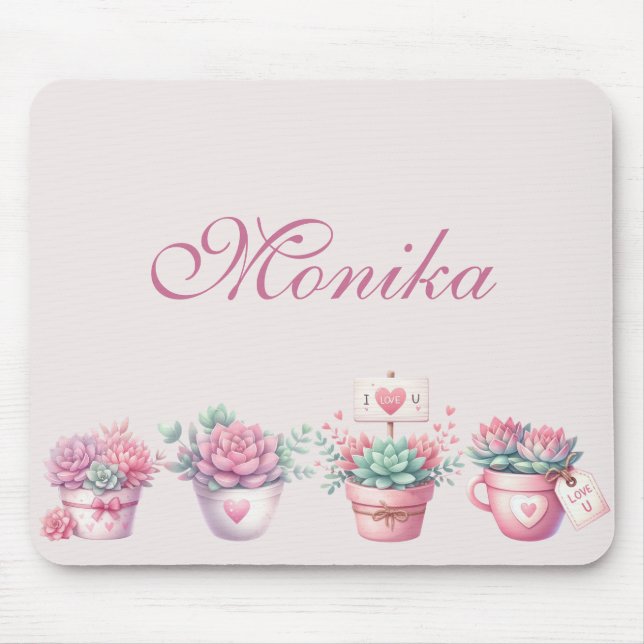 Boho Watercolor Pink Potted Succulents Custom Mouse Mat (Front)