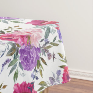 Boho Watercolor Pink & Purple Summer Flowers Tablecloth