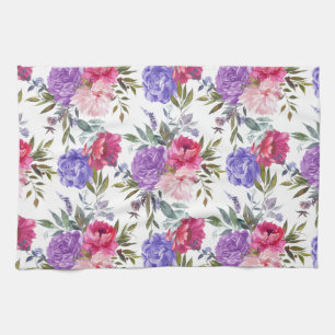 Boho Watercolor Pink & Purple Summer Flowers Tea Towel