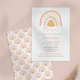 Boho Watercolor Pink Rainbow Baby Shower Invitation