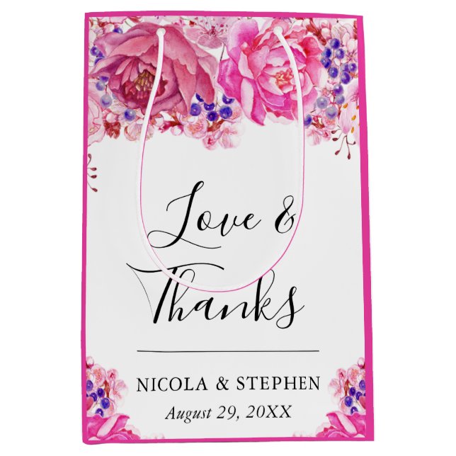 Boho Watercolor Pink Roses Wedding Medium Gift Bag (Front)