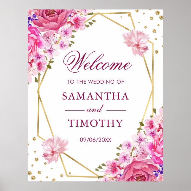 Boho Watercolor Pink Roses Wedding Welcome Poster (Front)