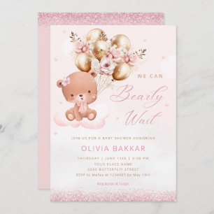 Boho Watercolor Pink Teddy Bear Girl Baby Shower Invitation