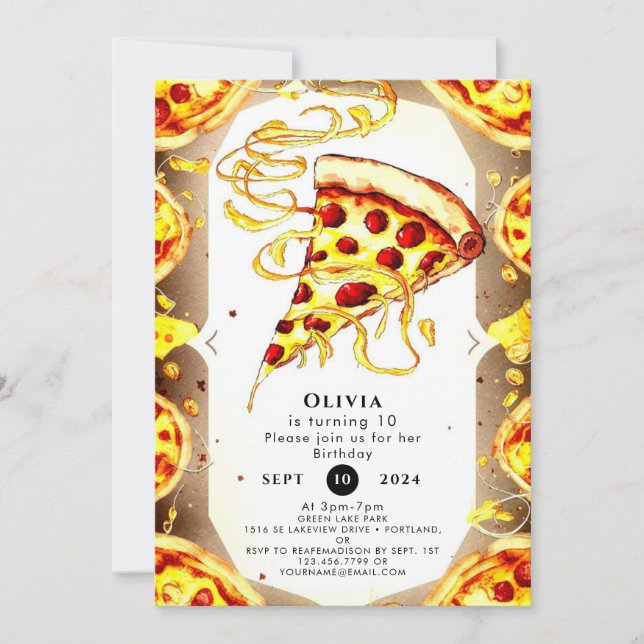 Boho Watercolor Pizza Birthday Invitation (Front)