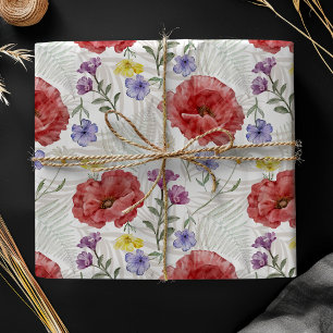 Boho Watercolor Poppies & Wildflower Pattern  Wrapping Paper Sheet