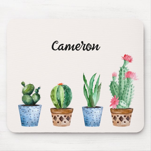 Boho Watercolor Potted Cactus & Succulents Custom Mouse Mat (Front)