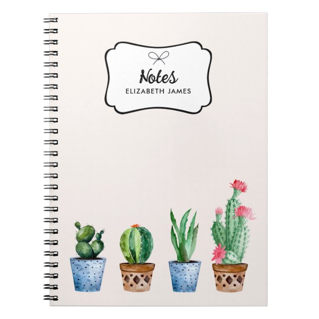 Boho Watercolor Potted Cactus & Succulents Custom Notebook (Front)