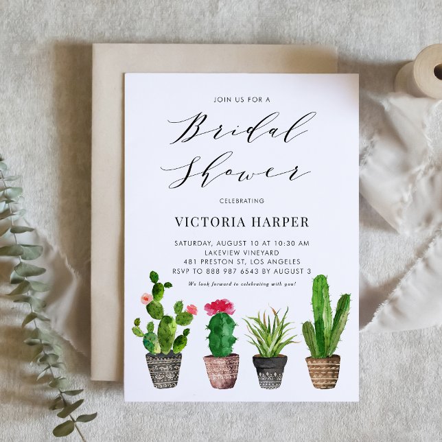 Boho Watercolor Potted Cactus Summer Bridal Shower Invitation (Creator Uploaded)