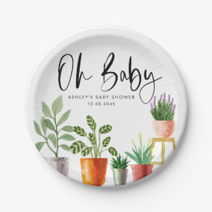 Boho Watercolor Potted Houseplants Baby Shower Paper Plate