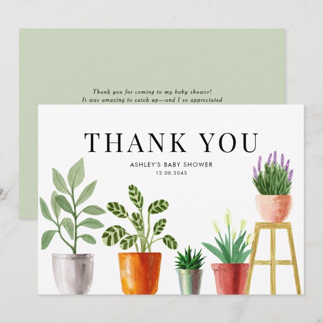 Boho Watercolor Potted Houseplants Baby Shower Thank You Card (Front/Back)