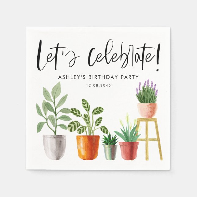 Boho Watercolor Potted Houseplants Birthday Napkin (Front)