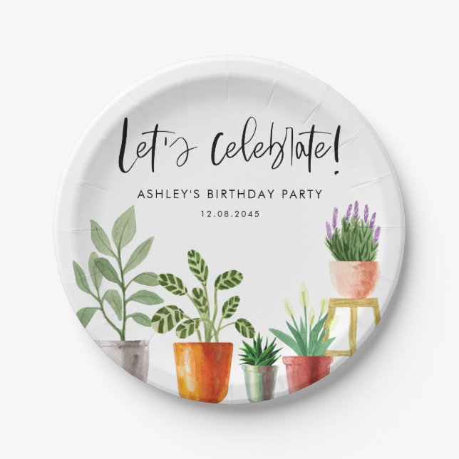 Boho Watercolor Potted Houseplants Birthday Paper Plate (Front)