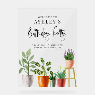 Boho Watercolor Potted Houseplants Birthday Party Acrylic Sign