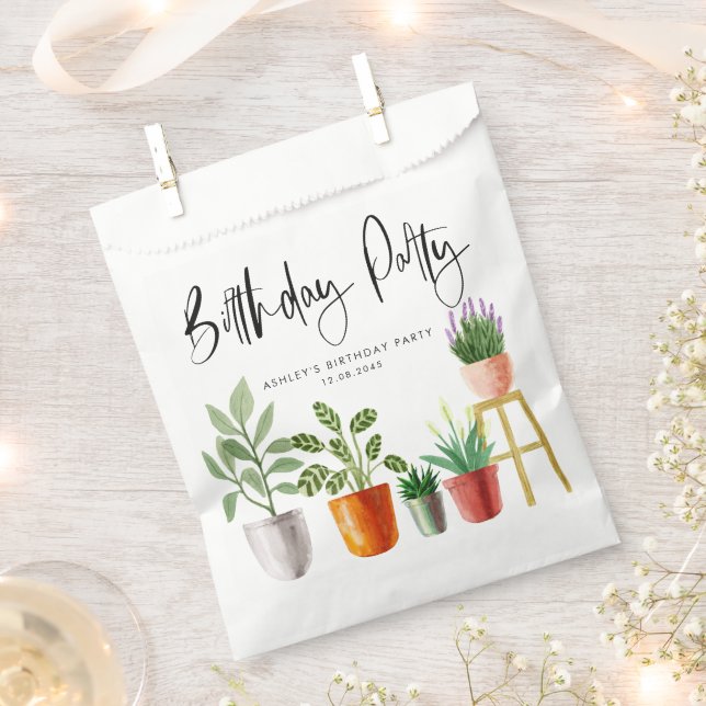 Boho Watercolor Potted Houseplants Birthday Party Favour Bags (Clipped)