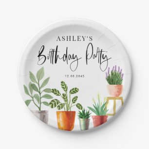 Boho Watercolor Potted Houseplants Birthday Party Paper Plate