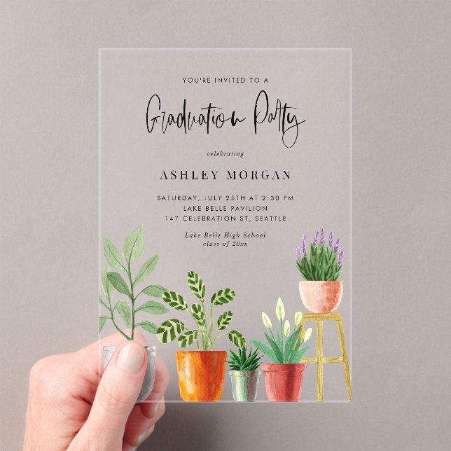 Boho Watercolor Potted Houseplants Graduation Acrylic Invitations (Insitu (Handheld))