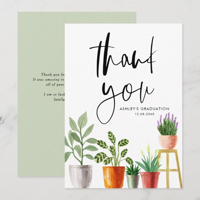 Boho Watercolor Potted Houseplants Graduation Thank You Card (Front/Back)
