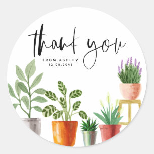 Boho Watercolor Potted Houseplants Thank You Classic Round Sticker