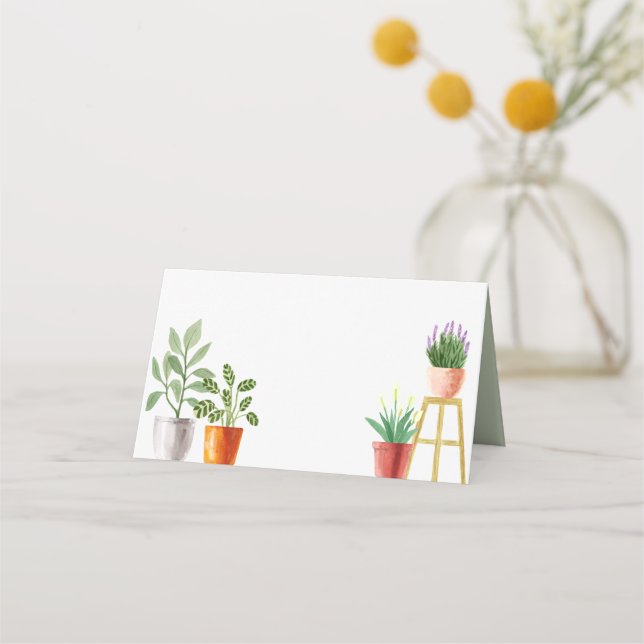 Boho Watercolor Potted Houseplants Wedding Place Card (Front)