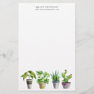 Boho Watercolor Potted Plant   Monogram Stationery