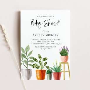 Boho Watercolor Potted Plants Baby Shower Invitation