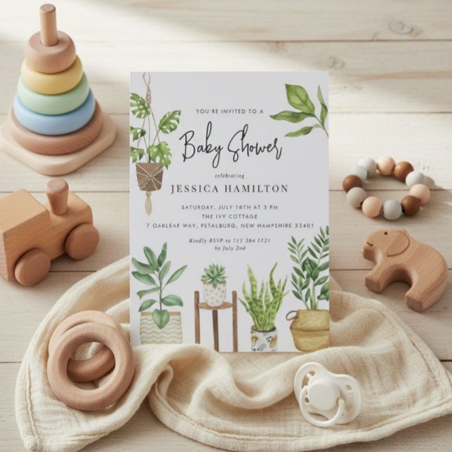 Boho Watercolor Potted Plants Baby Shower  Invitation (Creator Uploaded)