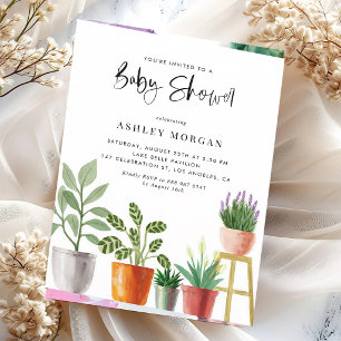 Boho Watercolor Potted Plants Baby Shower Invitation