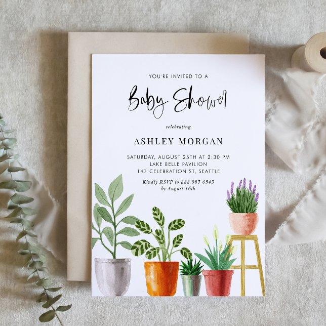 Boho Watercolor Potted Plants Baby Shower Invitation (Customizable boho baby shower invitation featuring watercolor potted houseplants. )