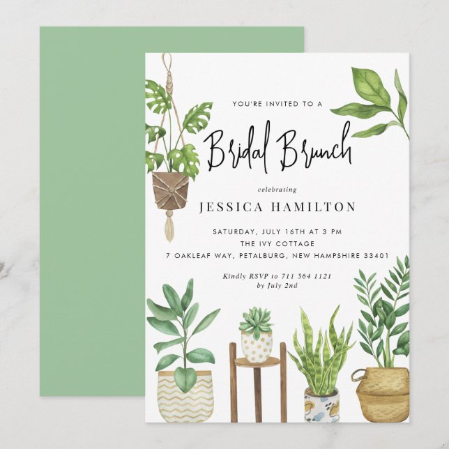 Boho Watercolor Potted Plants Bridal Brunch  Invitation (Front/Back)