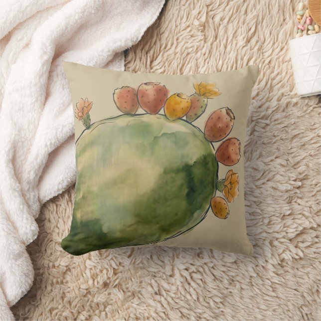 Boho Watercolor Prickly Pear Cactus Fruit  Cushion (Blanket)