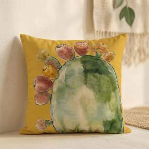 Boho Watercolor Prickly Pear Cactus Fruit  Cushion