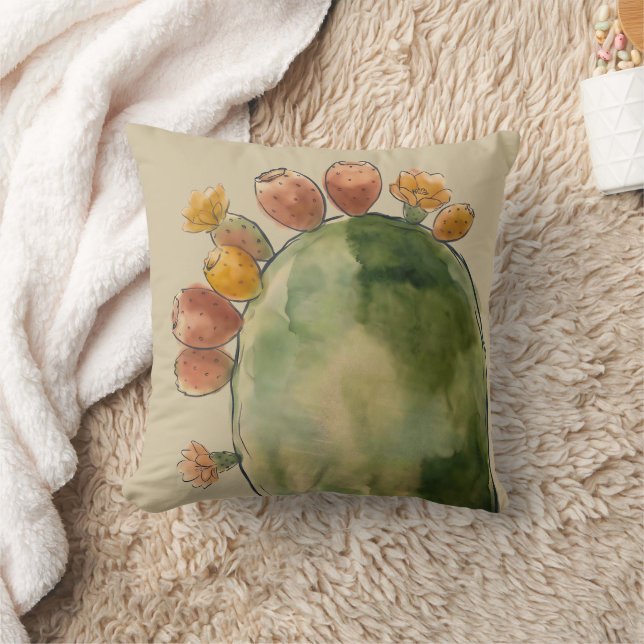 Boho Watercolor Prickly Pear Cactus Fruit  Cushion (Blanket)