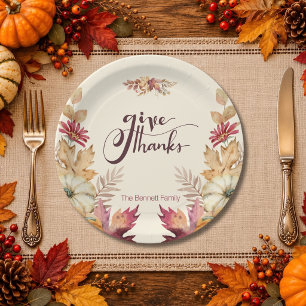 Boho Watercolor Pumpkin & Leaves Thanksgiving Paper Plate