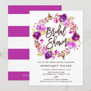 Boho Watercolor Purple Floral Wreath Bridal Shower Invitation