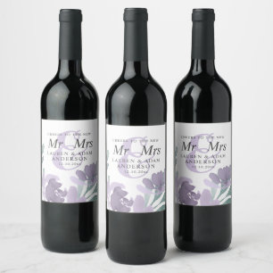 Boho Watercolor Purple Florals Wedding  Wine Label