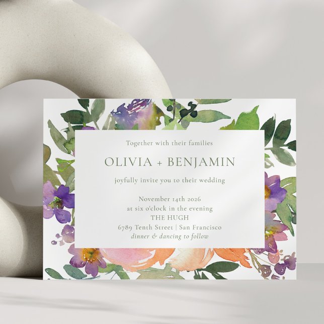 Boho Watercolor Purple Orange Floral Wedding Invitation (Creator Uploaded)