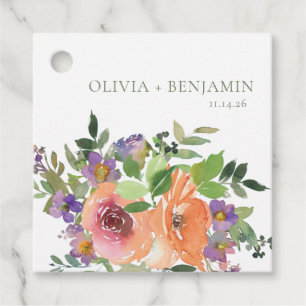 Boho Watercolor Purple Orange Floral Wedding Names Favour Tags