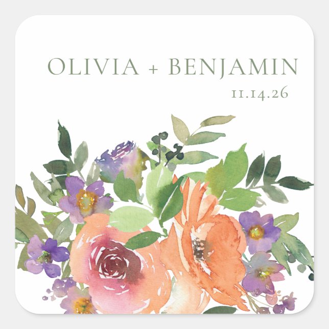 Boho Watercolor Purple Orange Floral Wedding Names Square Sticker (Front)