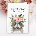 Boho Watercolor Raccoon Happy Birthday Card<br><div class="desc">An adorable watercolor raccoon illustration with a crown of pink flowers and woodland ferns makes a unique birthday card for someone special. Any of the text on both the outside and inside the card may be edited with your desired text.</div>