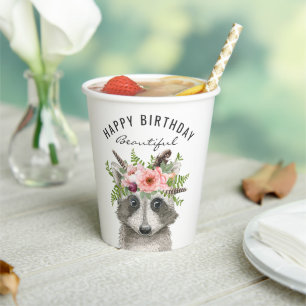 Boho Watercolor Racoon Happy Birthday Paper Cups