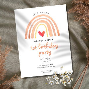 Boho Watercolor Rainbow And Heart Birthday Invitation