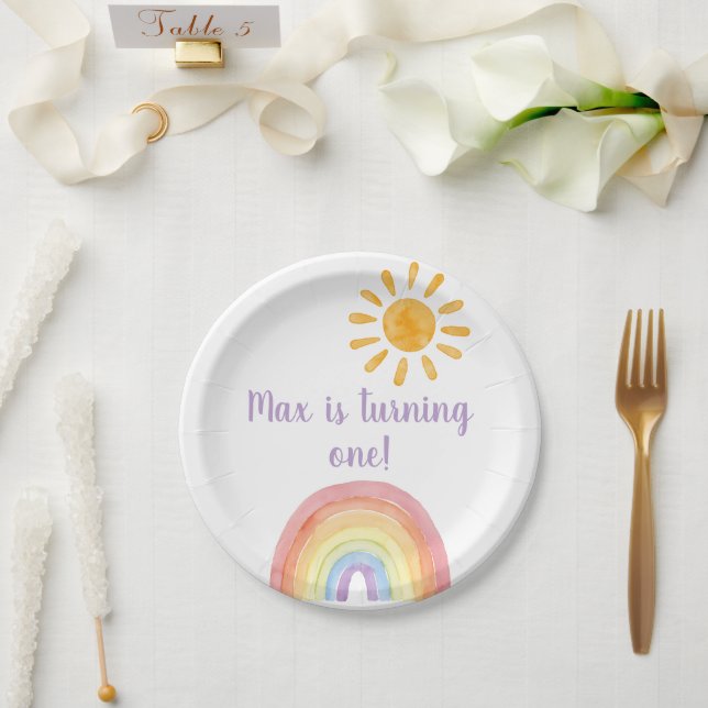 Boho Watercolor Rainbow And Sun Paper Plate (Wedding)