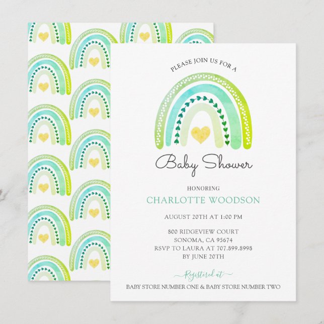 Boho Watercolor Rainbow Baby Boy Shower  Invitation (Front/Back)