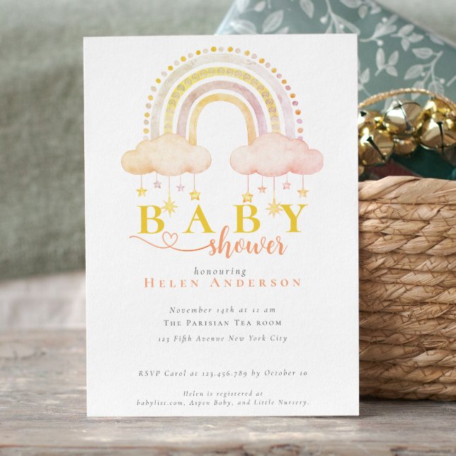Boho Watercolor Rainbow Baby Girl Shower Invitation (Boho Watercolor Rainbow Gender Neutral Baby Shower Invitation)