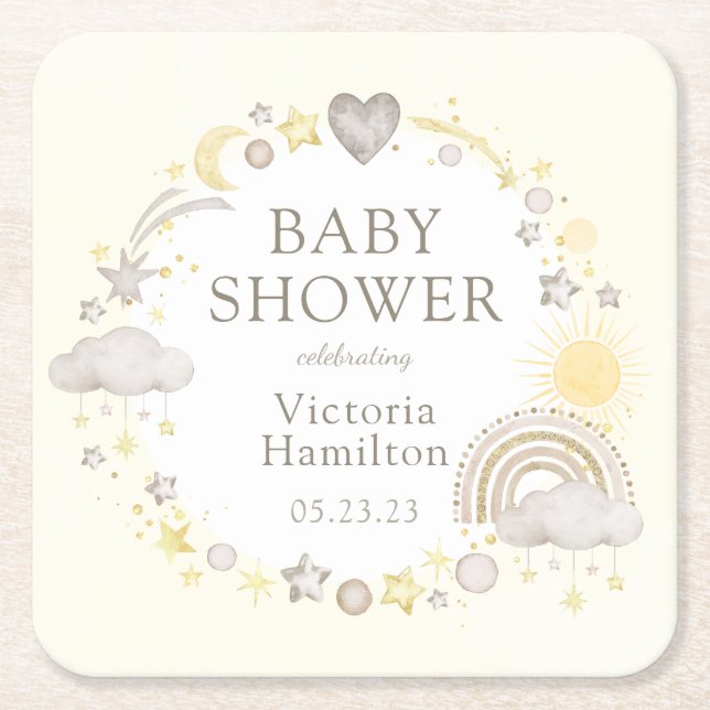 Boho Watercolor Rainbow Baby Shower Square Paper Coaster (Front)