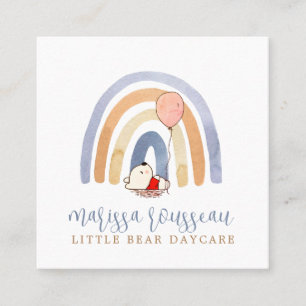 Boho Watercolor Rainbow Bear Daycare Square Business Card