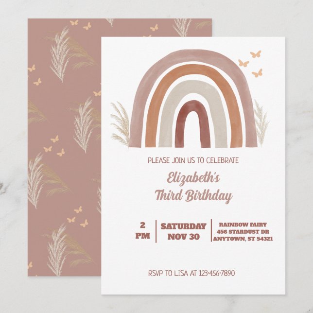 Boho Watercolor Rainbow Birthday | Pampas Grass  Invitation (Front/Back)