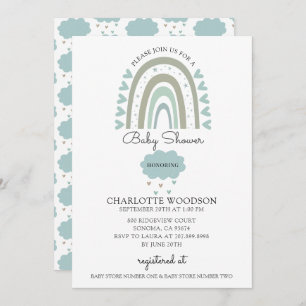 Boho Watercolor Rainbow Blue Baby Boy Shower Invitation