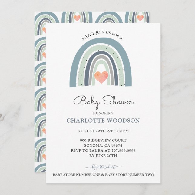 Boho Watercolor Rainbow Blue Baby Boy Shower Invitation (Front/Back)